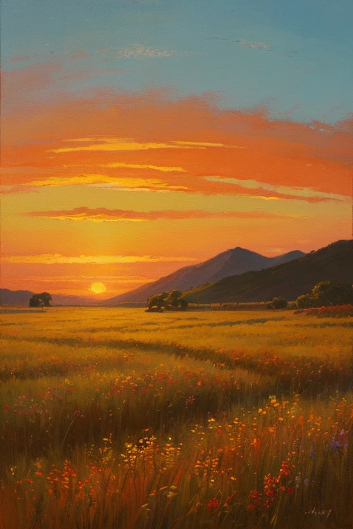 Highest quality、Landscape painting、Plains、Sunset、orange、Back view