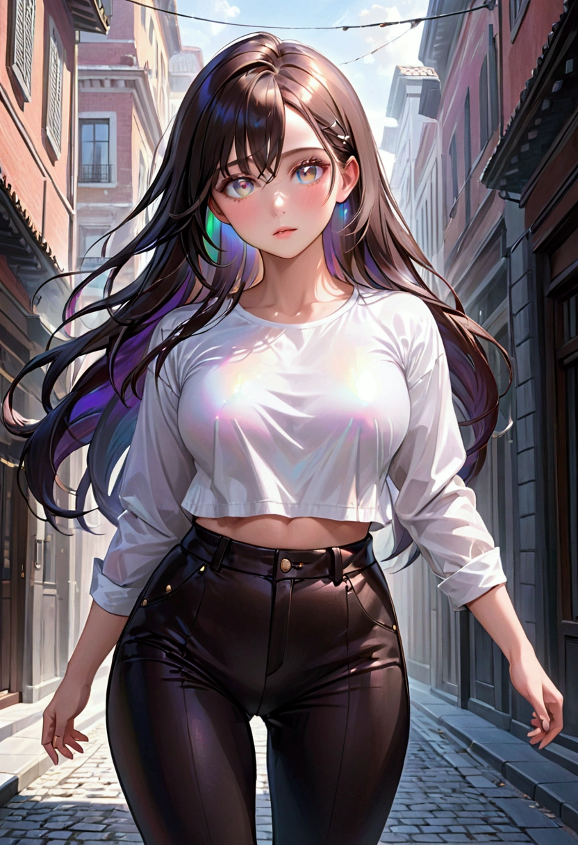 (masterpiece), best quality, expressive eyes, perfect face, Adult Female,long dark iridescent hair, iridescent eyes, small waist, , large thighs,brown jacked, white shirt and black pants