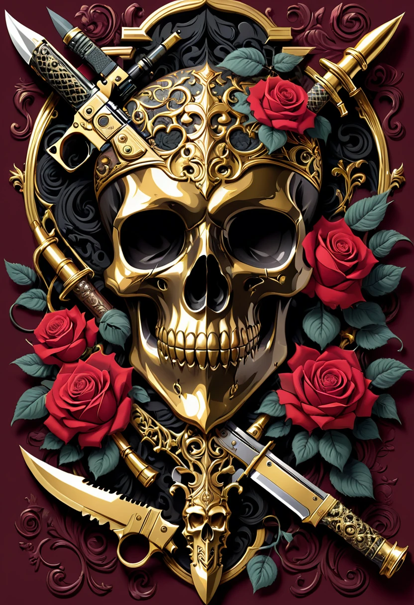 Gold skull symbol in the center. Three swords piercing through it. Roses with thorns intertwining with the swords and skull. Small fires around. Black background with warm lighting. HD image. Size --auto --s2