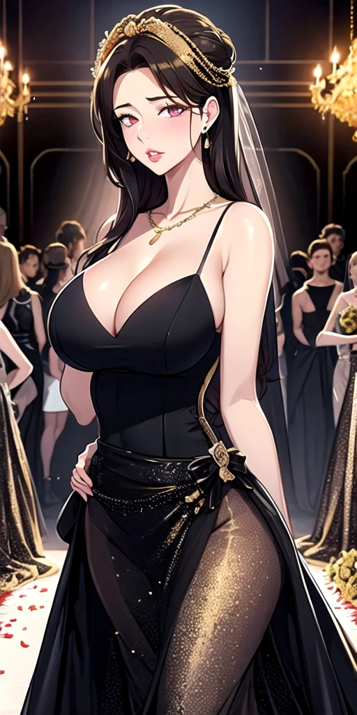 masterpiece:1.5, best quality:1.5, aesthetic, 1girl, sidelocks, cinematic lighting, sharp focus,large , mature ,16k, glowing eyes, detailed 4k eyes,
playground,seduction,sexy lips, pad lips,detailed lips,
red lips, high detailed background, purple eyes, detailed face,shiny skin,solo
AuntJune, auntjunev2,single hair bun, brown hair, bangs,
, (black and golden wedding dress:1.6),jewelry, blush,,large breasts, cleavagbody, lon flowers, bridal veil, (bridal gown:1.5),wedding, (golden viel),necklace, long earrings, wedding hall, multiple girls, multiple boys,