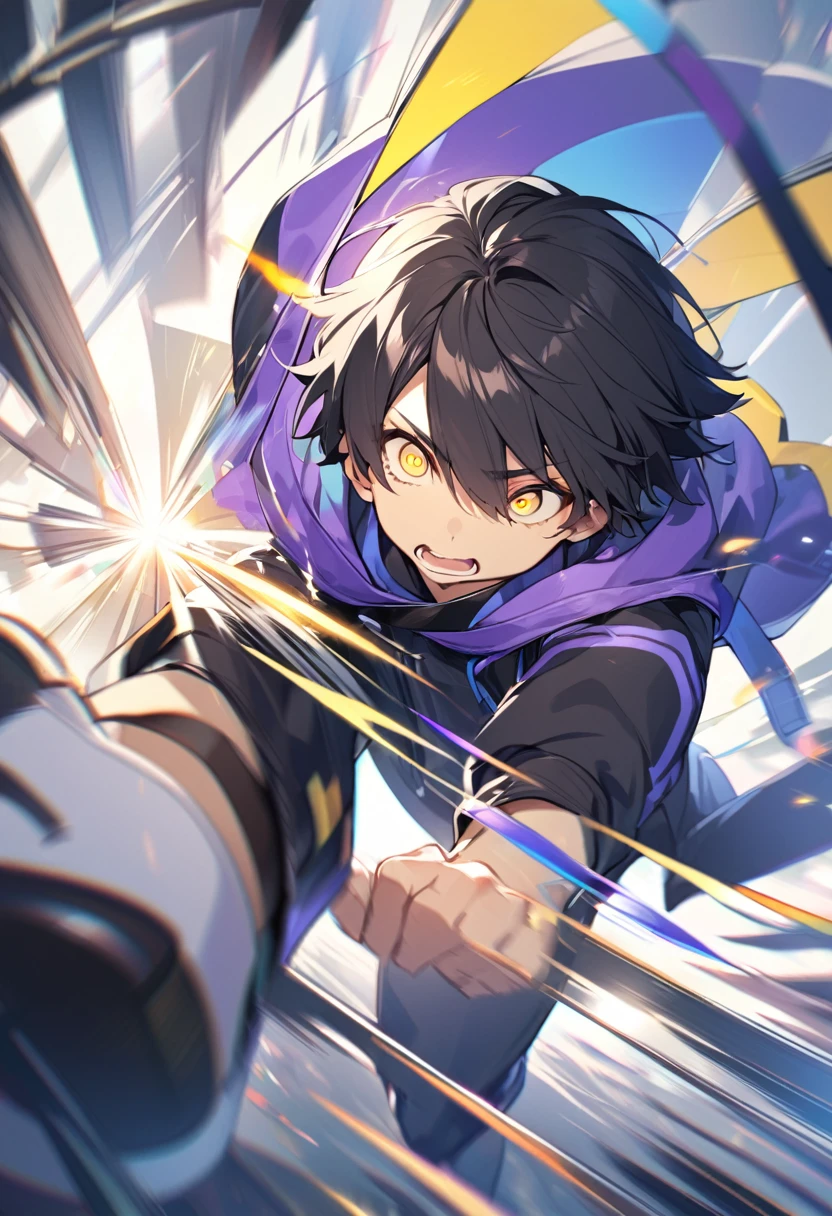 (A cute boy,Black hair with blue-purple stripes,Shortcuts,Yellow Eyes,Sharp Eye,Hooded coat,Dynamic Angle)