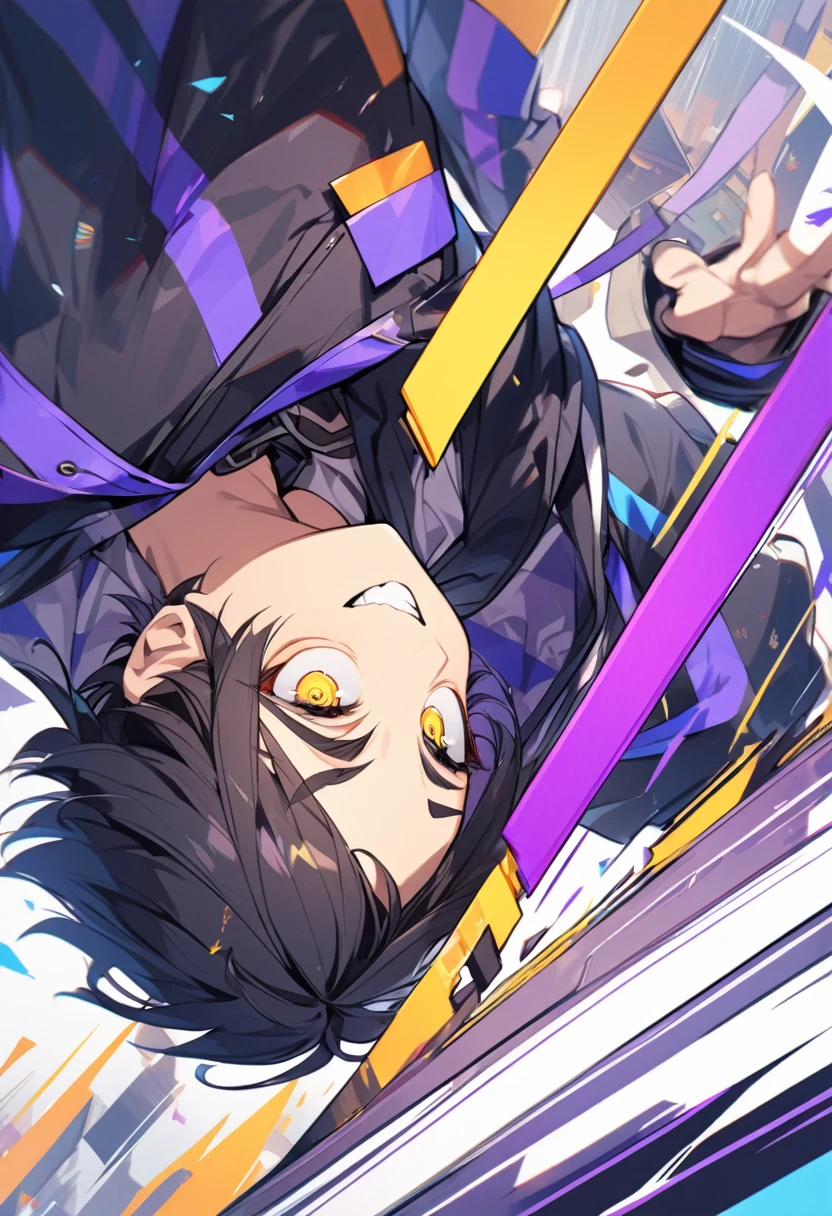 (A cute boy,Black hair with blue-purple stripes,Shortcuts,Yellow Eyes,Sharp Eye,Hooded coat,Dynamic Angle)