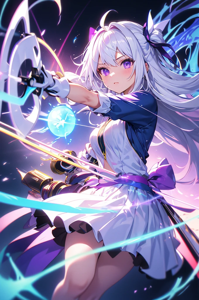 (masterpiece, best quality, chromatic aberration), colorful, 1girl, white hair, purple eyes, bow, wielding bow, archery, blue flames, glow, glowing weapon, light particles,