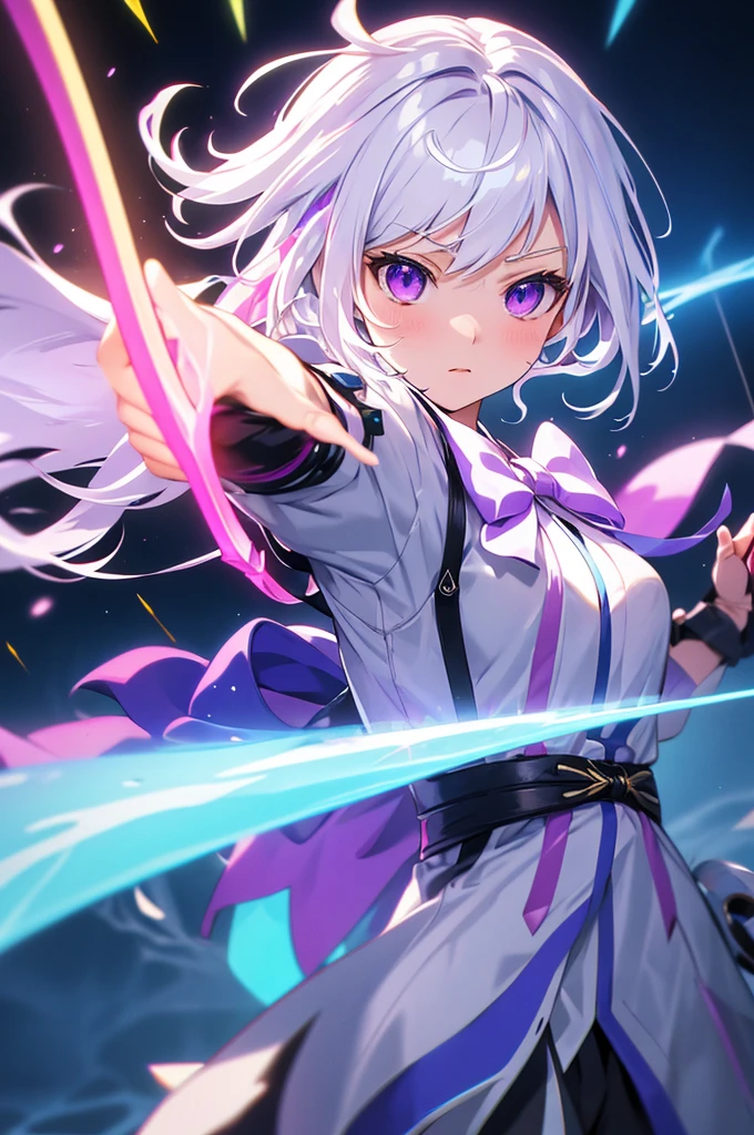 (masterpiece, best quality, chromatic aberration), colorful, 1girl, white hair, purple eyes, bow, wielding bow, archery, blue flames, glow, glowing weapon, light particles,