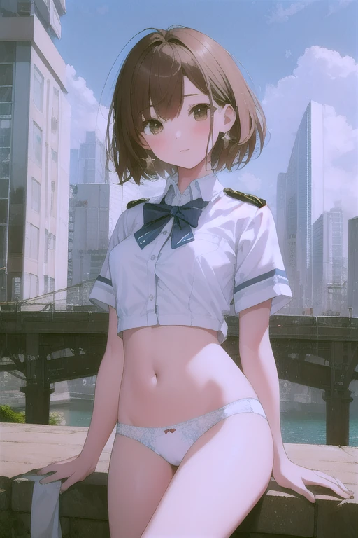 ((Highest quality)), ((masterpiece)), (detailed), City with buildings、Girl、White uniform with underwear exposed、Short hair with brown hair、A face filled with love and daze