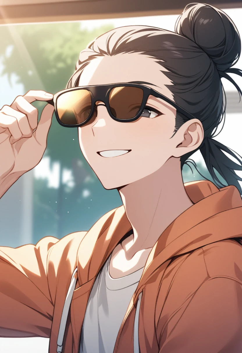 1 boy, black hair large shoulder tied in a man bun , black eyes, clear skin, place sunglasses over your eyes, hoodie, smiling