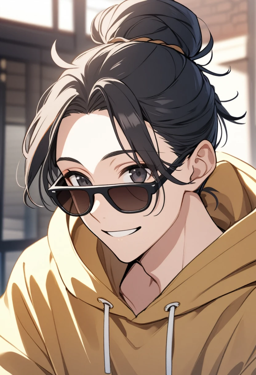 1 boy, black hair large shoulder tied in a man bun , black eyes, clear skin, place sunglasses over your eyes, hoodie, smiling
