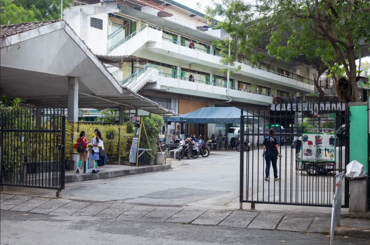 Add a student wearing sa cream uniform top checkered green yellow skirt that is going inside the gate