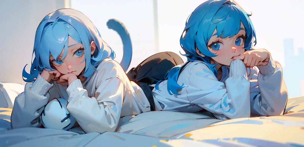 ((Best quality)), ((masterpiece)), (detailed), 1 anime from the edge, light blue hair, light blue eyes, lying in bed, white sweatshirt, lying on his stomach, looks at the camera, White background, perfect hands, cat&#39;s ears. stockings, long hair. perfect legs
