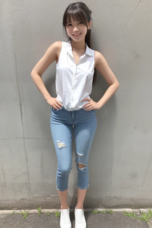 ((Full-body front view from below)),(Are standing), (forward bend posture), (Hands on knees),(White Sleeveless Dress Shirt), (Denim hot pants), (A beautiful Japanese girl), (Thighs), (Thoughtful smile)