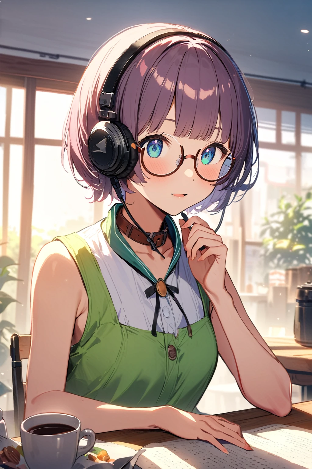 (extremely detailed fine touch:1.3), pastel collar, (((semi-rimless round eyewear:1.3))), (headphone:1.2), short hair, blunt bangs, 1 girl, In the morning, there is a bright morning sun drinking coffee at the dining table, and there is a cat.
