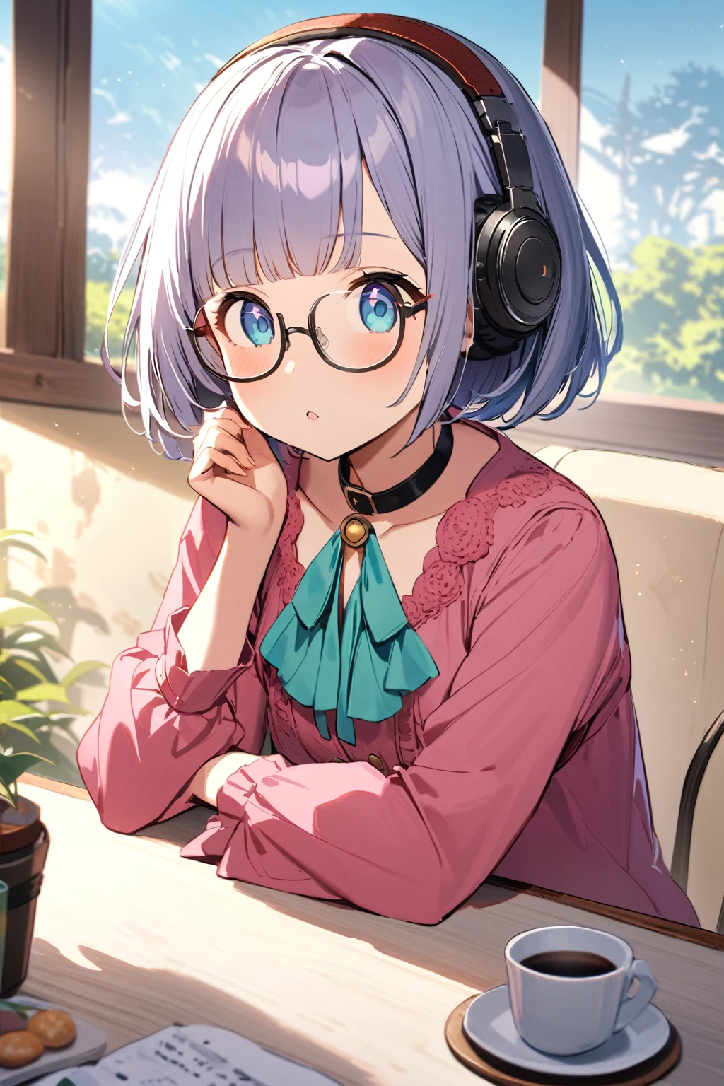 (extremely detailed fine touch:1.3), pastel collar, (((semi-rimless round eyewear:1.3))), (headphone:1.2), short hair, blunt bangs, 1 girl, In the morning, there is a bright morning sun drinking coffee at the dining table, and there is a cat.
