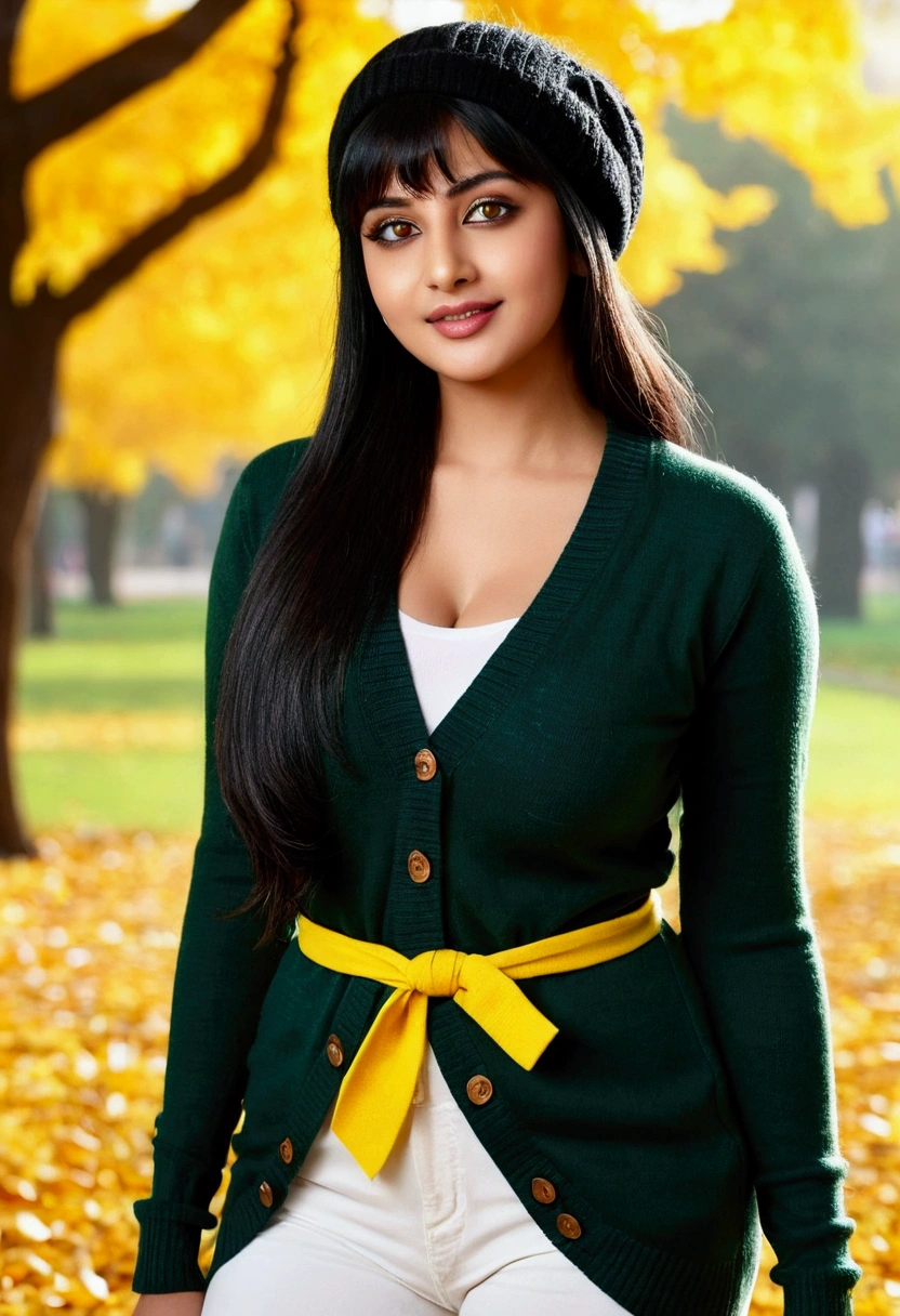 Beautiful  Bollywood supermodel woman with a , black hair, bangs, twintail, widest waist, fitting breasts, curvy accentuated booty, sparkling olive-green eyes, long eyelashes, thick thighs, Strong calves, smirk, taniaayusiregar, She wears a black wool cardigan, yellow shirt, white jeans, brown belt, black beanie, she waits in a park, photorealistic, Masterpiece, bokeh, Volumetric lighting, Fall season atmosphere, uhd, masterpiece, highest quality
