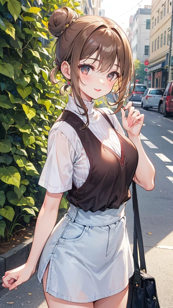 1girl, solo, detailed face, , , long hair,,,outdoor,standing,looking viewer,side ponytail,medium breasts,,(((,gyaru))),nsfw,,thighhighs,,grin,earring,camisole,miniskirt