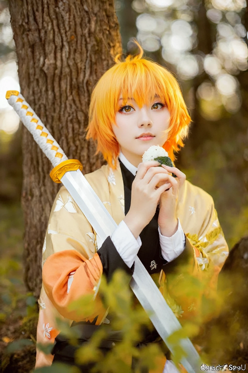 anime cosplay - style girl with orange hair holding a sword and an onigiri, anime cosplay, orange - haired anime boy, ginko showing a new mushi, anime style mixed with fujifilm, anime girl cosplay, cosplay photo, ichigo kurosaki, professional cosplay, cosplay, ichigo, rin, ayaka cosplay, inspired by Matsumura Goshun, full-cosplay
