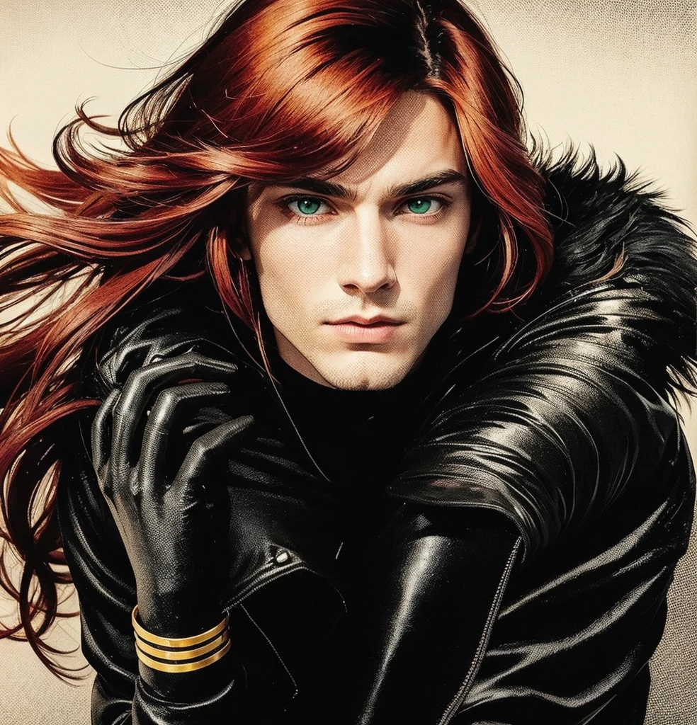 
American classic comic book art: beautiful ethereal young man delicate, very long bright red hair long straight waves with bangs, black fur collar, tight black window outfit, black gloves, bigbutt, bright green eyes, neck covered in black hair, black tight leggings, scarlet-red magic, beautiful thighs, yellow bracelets, spy agent, man delicate body, black jacket black fur collars, very young face man, classic comic book 
