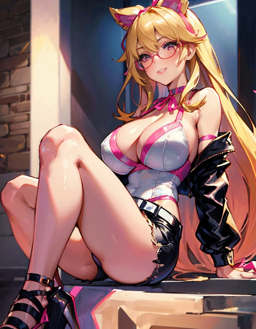 masterpiece、Highest quality、High detail、Best aesthetics、Upper Body Shot, blush, A shining smile, Natural light, masterpiece, Shiny skin, Juicy lips, sexy, hot, Cleavage, Slut, hourglass, Blonde, Big eyes, Large scale, Dim lighting, Long Hair, Pink ribbon, Ribbon in hair, Golden round glasses, sandy Blonde, ((Pink ribbon)), very Long Hair, Black crop top, Shorts, White jacket, choker, Fishnet tights, belt, stilleto Heel, ((Heel)), Station Class