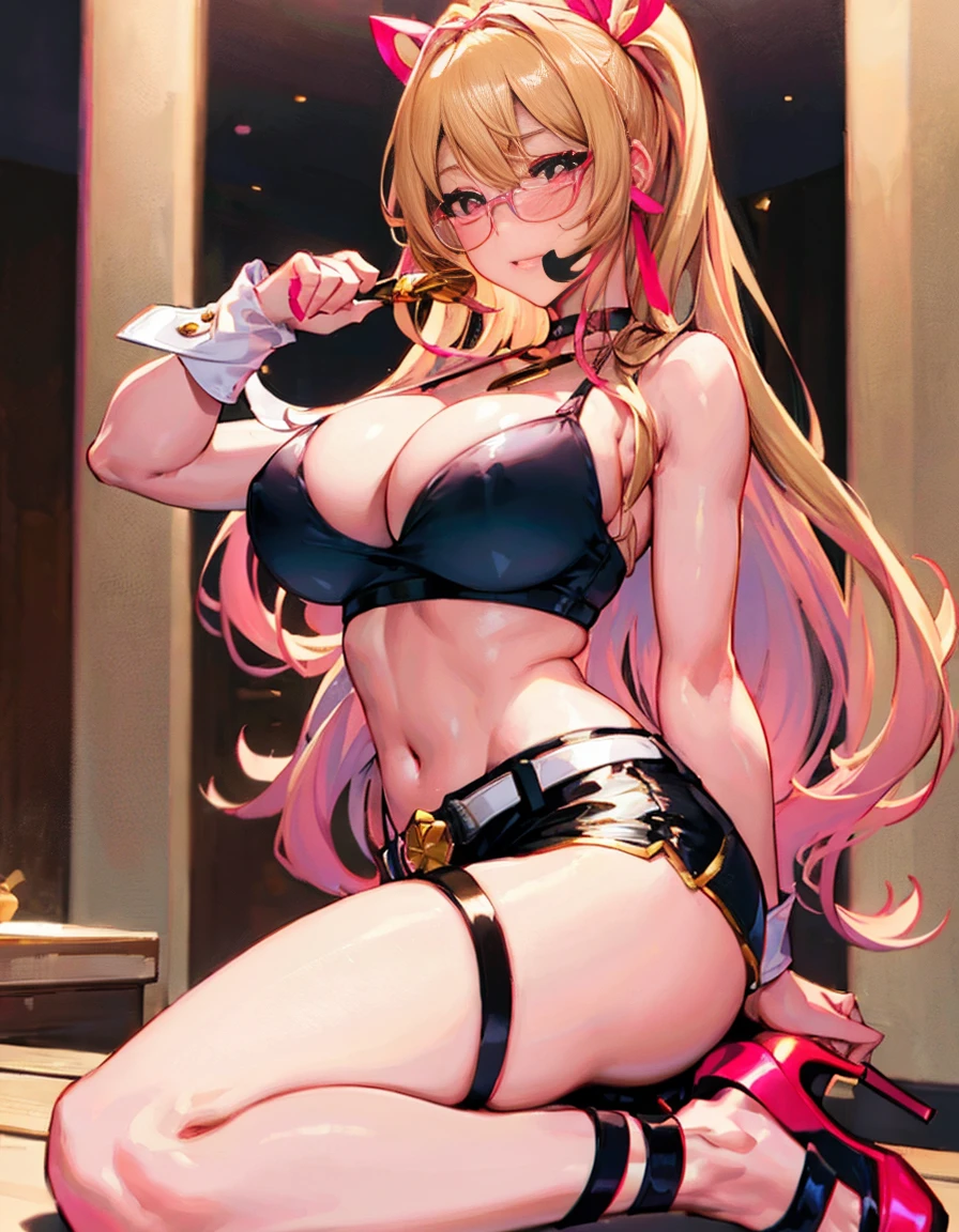 masterpiece、Highest quality、High detail、Best aesthetics、Upper Body Shot, blush, A shining smile, Natural light, masterpiece, Shiny skin, Juicy lips, sexy, hot, Cleavage, Slut, hourglass, Blonde, Big eyes, Large scale, Dim lighting, Long Hair, Pink ribbon, Ribbon in hair, Golden round glasses, sandy Blonde, ((Pink ribbon)), very Long Hair, Black crop top, Shorts, White jacket, choker, Fishnet tights, belt, stilleto Heel, ((Heel)), Station Class