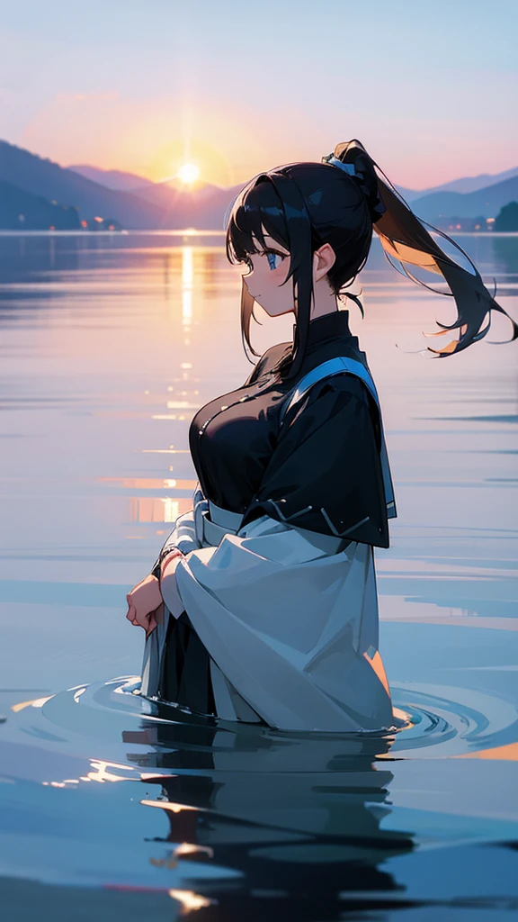 Big Breasts、pretty girl、Black Hair、ponytail、high resolution、lake、Clean water、Beautiful sky、looking at the camera