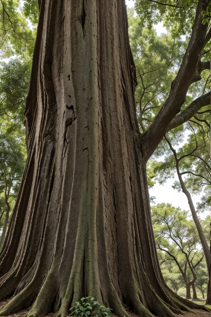 A close-up of the oak tree’s trunk, showing its strong, weathered bark and some scars from past storms. Elara is seen standing next to the trunk, gently touching it with one hand and looking up at the canopy, reflecting on the tree’s strength and endurance.