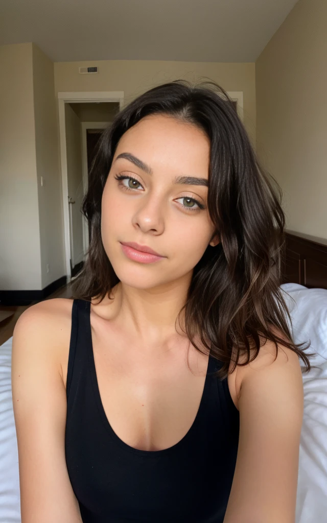 Pretty beautiful brunette in sexy tank top making a selfie (black hair) (dans un lit), selfie, low-cut, very detailed, 14 ans, visage innocent, naturally wavy hair, yeux verts, high resolution, chef-d'artwork, better quality, Intricate details, very detailed, mise au point nette, detailed skin, texture de peau réaliste, texture, detailed eyes, professionnel, 4k, sourire charmant, prise avec Canon, 85 millimeters, Slight depth of field, Kodak Vision Couleur, corps parfaitement ajusté, Extremely detailed, photographier_\(ultra\), photographrealistic, Realistic, Post-traitement, Maximum details, roughness, vrai vie, ultraRealistic, photorealism, photographie, 8K UHD, photographie