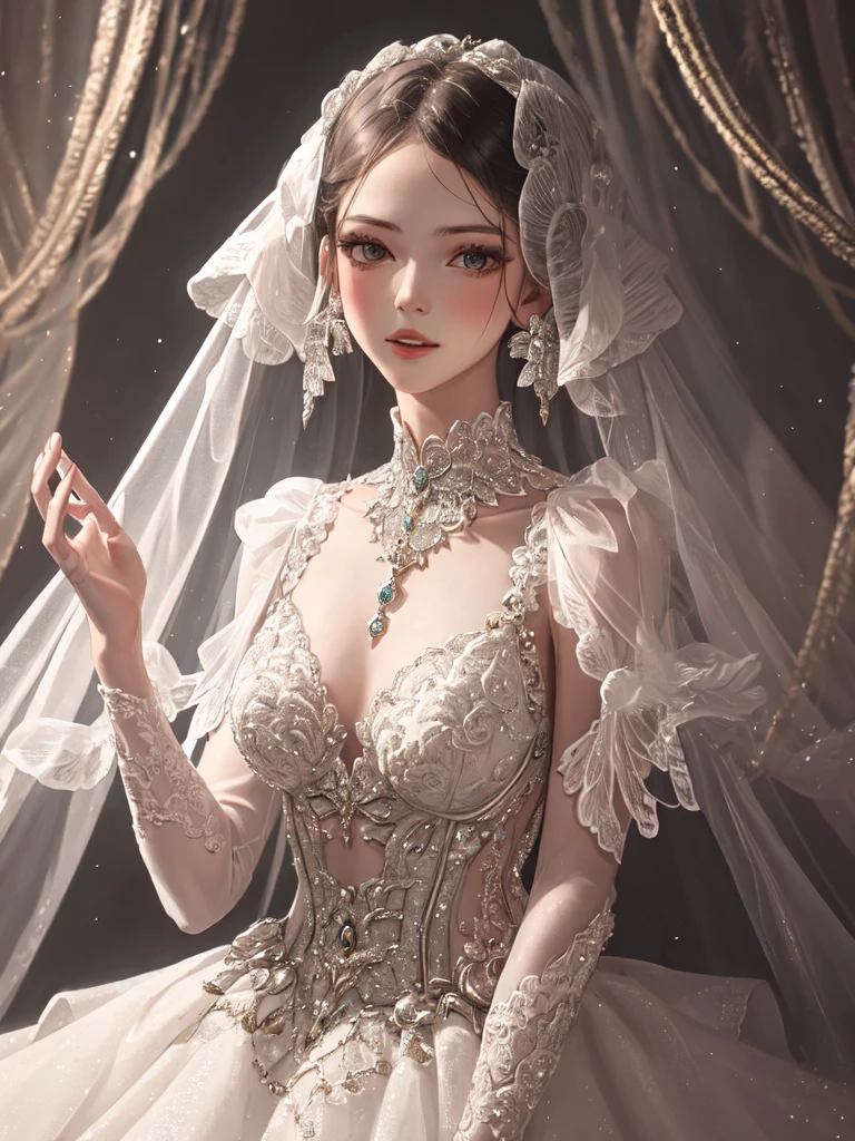 pilyeon style, 1girl, looking at viewer, parted lips, upper body, jewelry, Romantic tulle ball gown with a beaded bodice and a full skirt
