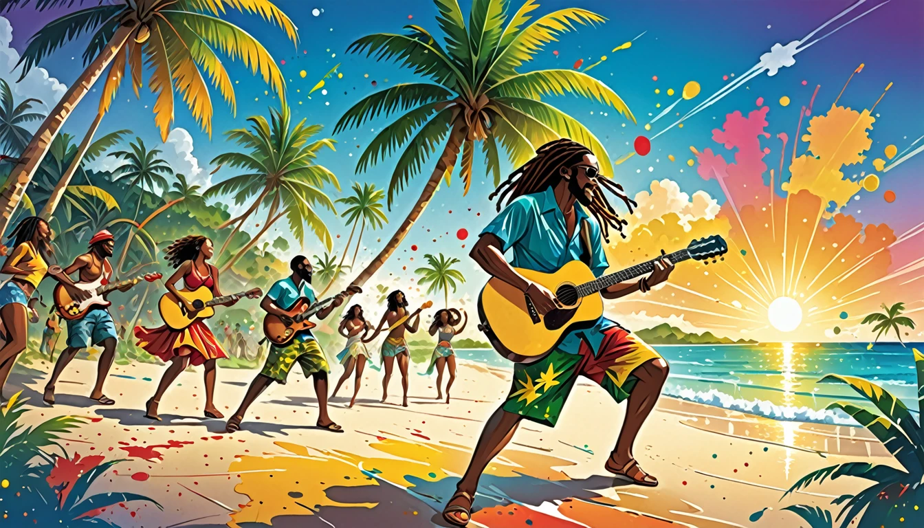 Vector art, Lots of Jamaican Reggae, Authentic Jamaican reggae music atmosphere,Color illustrations, in the center, Vibrant colors, Paint splatters and stains, High detail,
Palm tree,a man playing the guitar,Men and women dancing on a distant beach