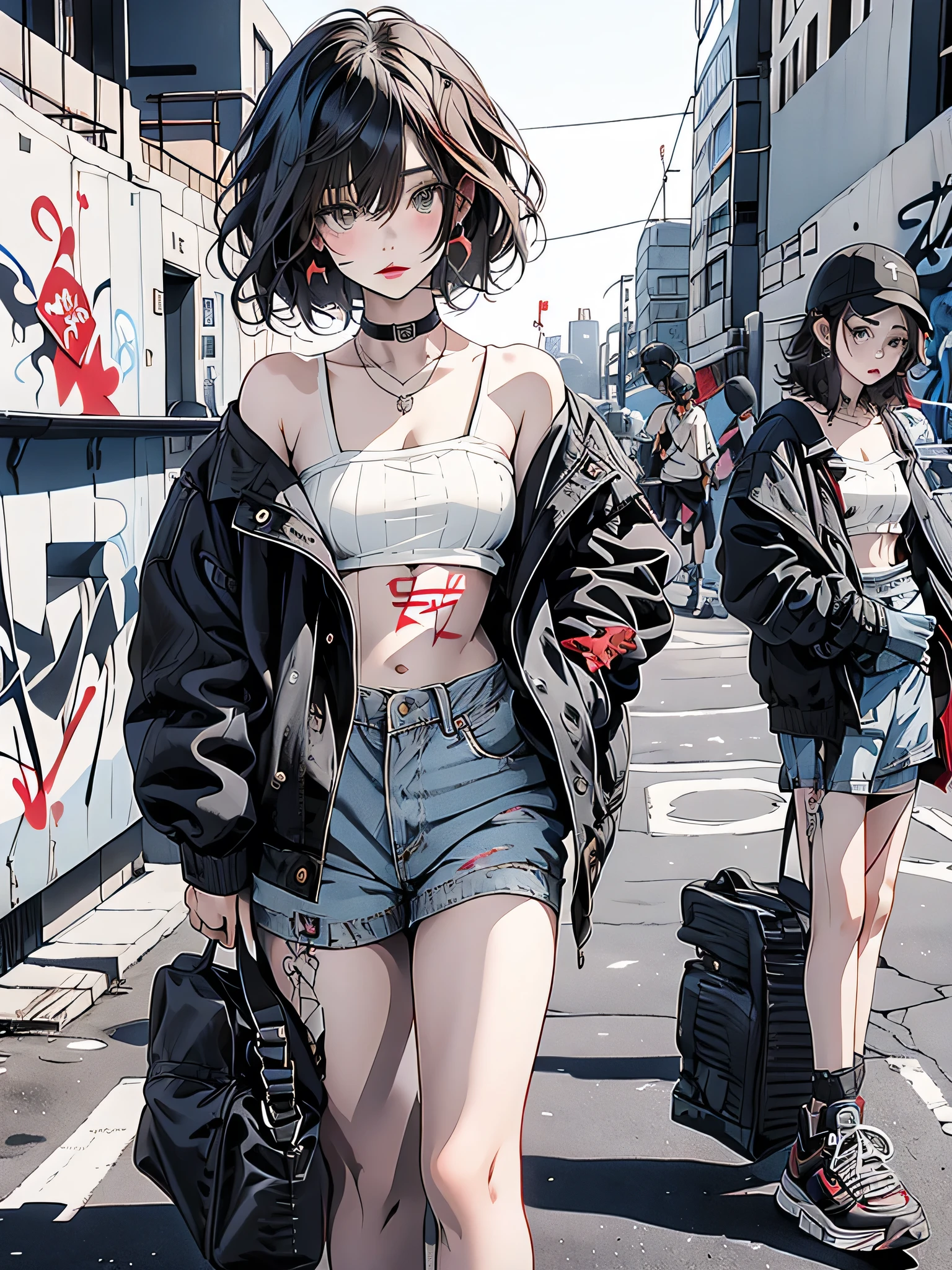 Black Star Red and White style, masterpiece, highest quality, pixiv, one cool girl, Suzu Hirose、cutest girl ever, topless, small breasts、Completely naked、lips in love, dark brown hair, bob hair, gray eyes, white skin, (((gal))), provocative、(((graffiti art))), Improve