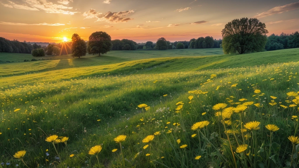 Green summer meadow with dandelions at sunset. Nature background
