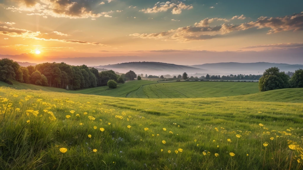 Green summer meadow with dandelions at sunset. Nature background