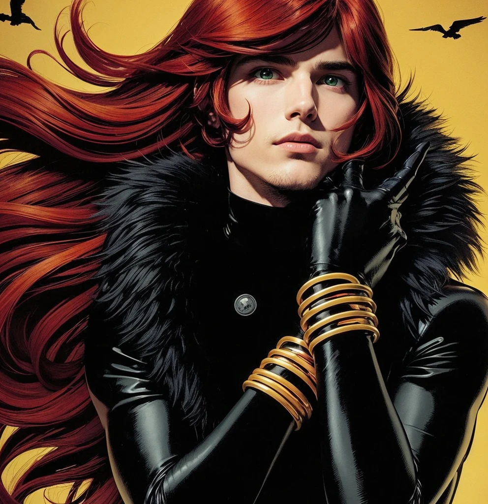 American classic comic book art: beautiful ethereal young man delicate, very long bright red hair long straight waves with bangs, black fur collar, tight black window outfit, black gloves, bigbutt, bright green eyes, neck covered in black hair, black tight leggings, scarlet-red magic, beautiful thighs, yellow bracelets, spy agent, man delicate body, black jacket black fur collars, very young face man, classic comic book