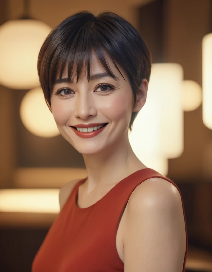 a smiling woman in her 40s with pixie haircut and bangs,detailed face,beautiful eyes,delicate lips,detailed skin,detailed clothing,detailed background,warm lighting,cinematic,vibrant colors,photorealistic,highly detailed,masterpiece,8k