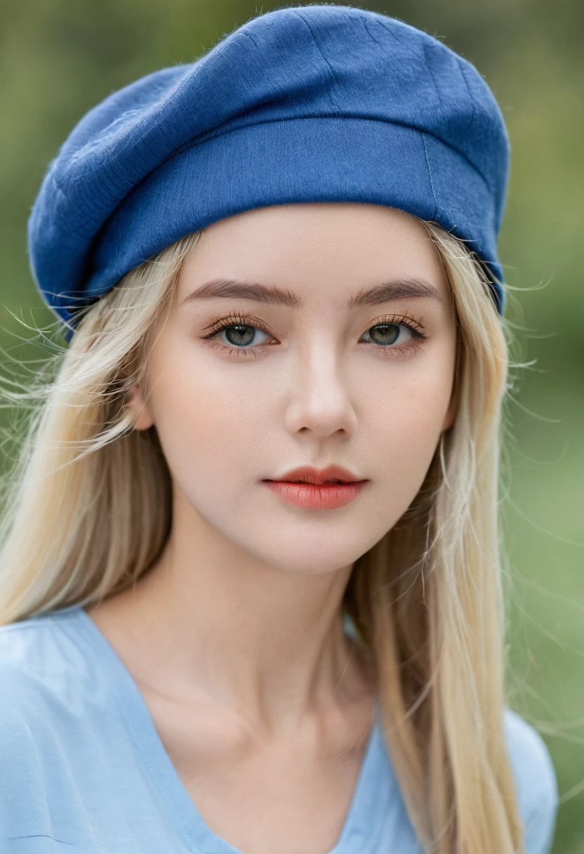 Portrait of a blonde girl wearing a blue hat and blue shirt