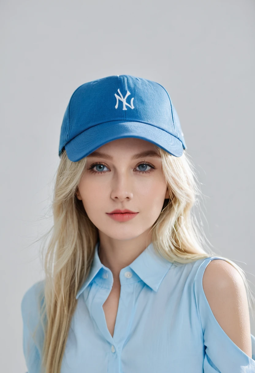 Portrait of a blonde girl wearing a blue hat and blue shirt