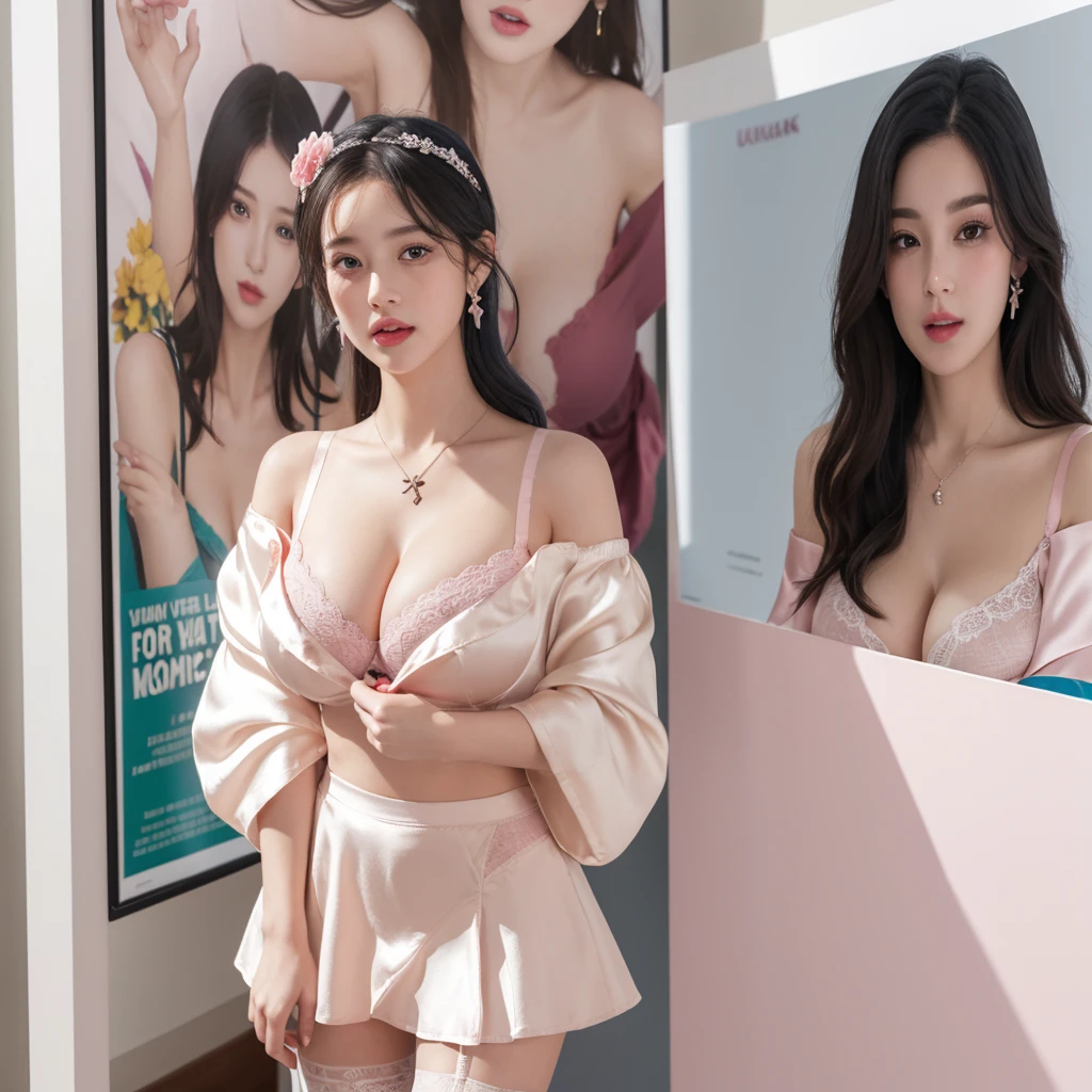 (best quality),(Highest image quality),(highres),original,(Extremely uniform picture),(highly detailed),(best illustration),(an extremely delicate and beautiful),(Pink eyes),(hair flower),high heelss,headband,{{lited_ by self}},{{lingerie shop}},indoor,{{2girls}},,high heelss,nowing,hair flower,headband,masterpiece,best quality,official art,extremely detailed CG unity 8k wallpaper,long hair,((cleaink clothes,Small handbag,long eyelashes,(((silk stockings))),earring,((((Triangle underwear)))),(((((gigantic breasts))))),dress_lift,(((((Beauty poster))))),((((Off shoulder skirt)))),forehead,shed tears,(((crying))),Pink heart-shaped necklace,Diamond Earrings,(((Long eyelashes))),(Flower tattoo)