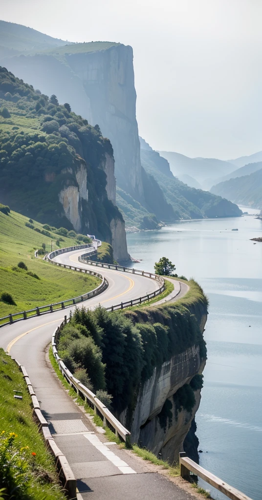 Entire scenery viewed from afar, Two cliffs facing each other, no people allowed, no buildings allowed, rocky, a shallow and long wooden bridge, weather: rain, fog, clouds.
