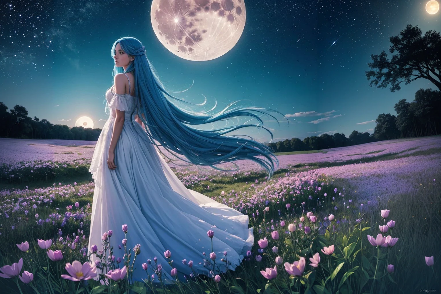 Field of flowers, fireflies, full moon, beautiful woman, blue hair, sparkling blue eyes