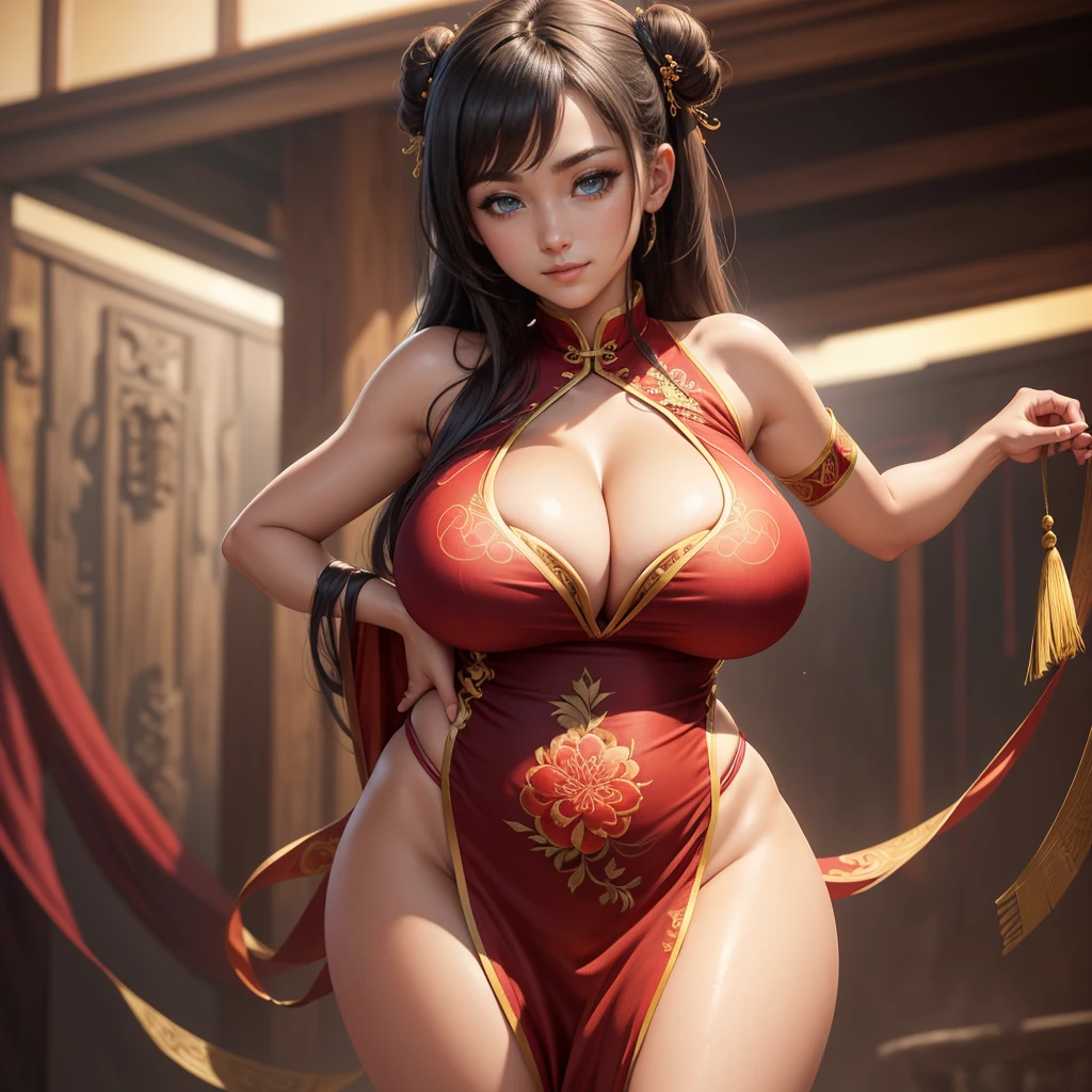 Highly detailed CG unit 8k wallpaper, masterpiece, High resolution, highest quality, highest quality real texture skin, Super Real, Digital Painting, Best image quality, 最High resolution, 8k, (((1 girl))), Very beautiful teenager, ((Highly detailed eyes and face)), Beautiful eyes in every detail, (Full Body Shot), bare shoulders, china dress, chinese clothes, short dress, cleavage cutout, sideboob, thighs, chinese style embroidery, (gigantic breasts, sagging breasts, disproportionate breasts, huge breasts, sagging breasts, curvy, tanned skin), smile, 