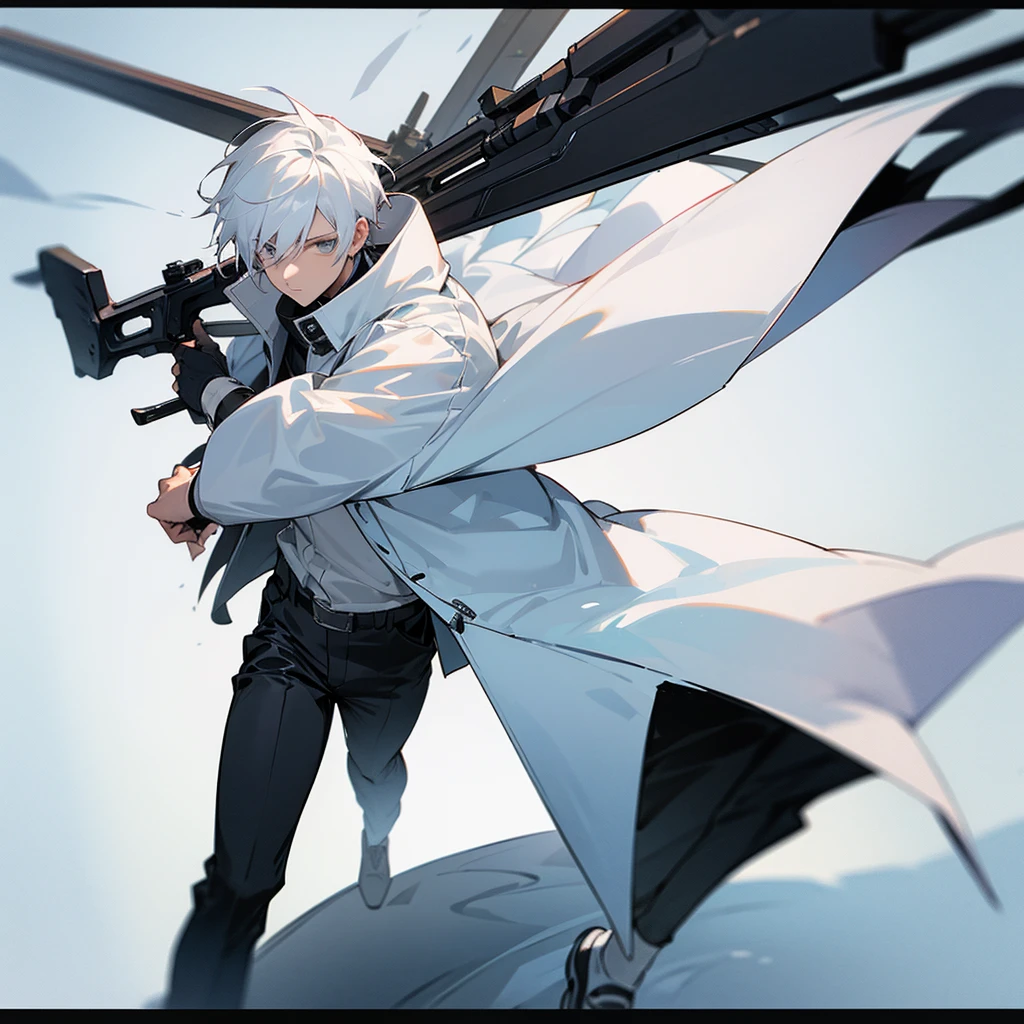 Picture of a male character, white hair, white jacket, black pants, gray shoes, and carrying a shotgun 