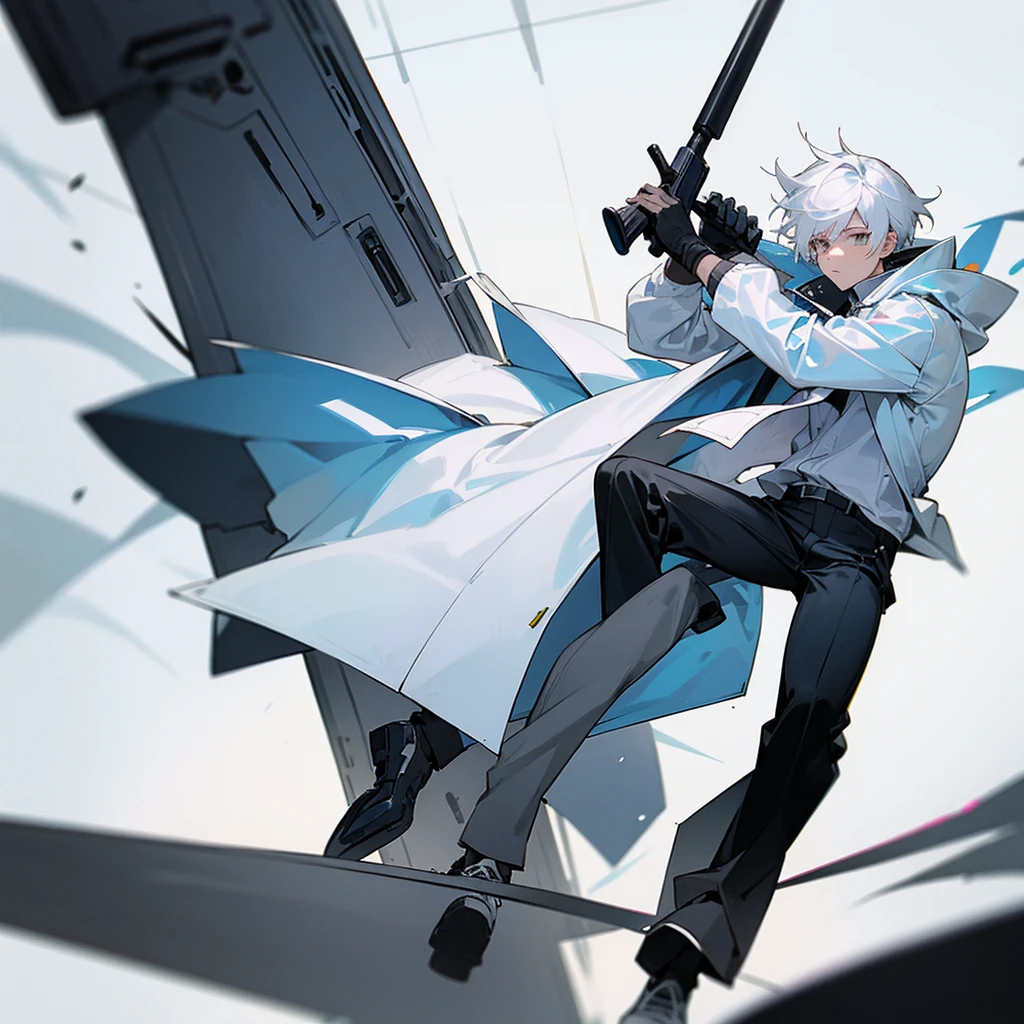 Picture of a male character, white hair, white jacket, black pants, gray shoes, and carrying a shotgun