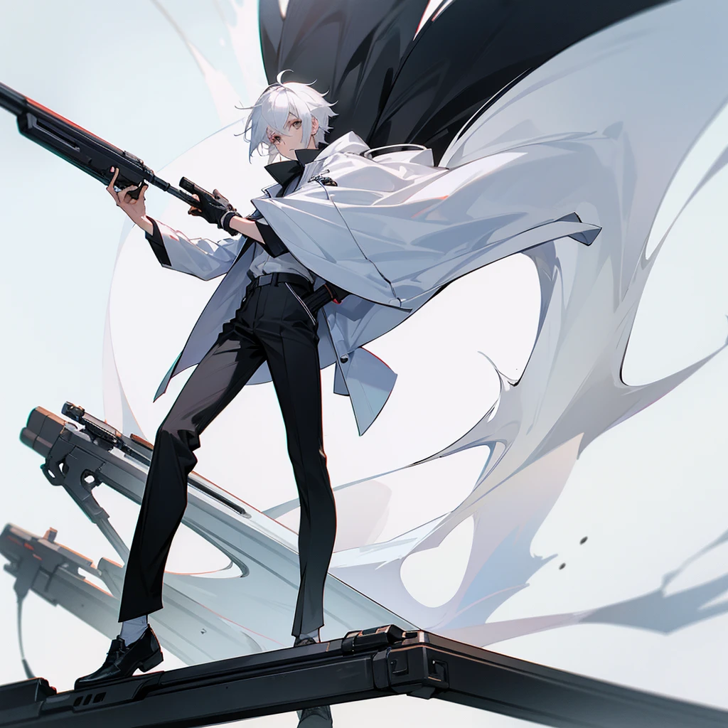 Picture of a male character, white hair, white jacket, black pants, gray shoes, and carrying a shotgun 