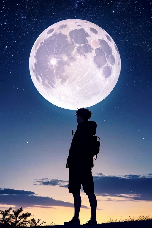 Highest quality,Big moon and shadow,A silhouette of a person can be seen against the backdrop of a large moon.,There is one full moon,There is a mood,Beautiful scenery,Starry Sky
