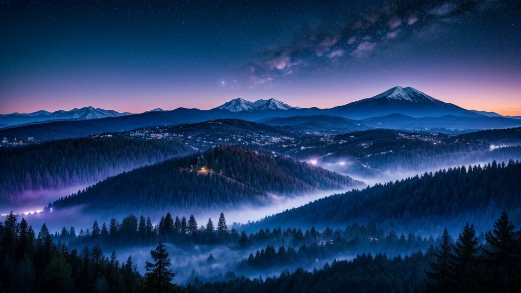 Blue and purple landscape with silhouettes of mountains, hills and forest and stars in the sky