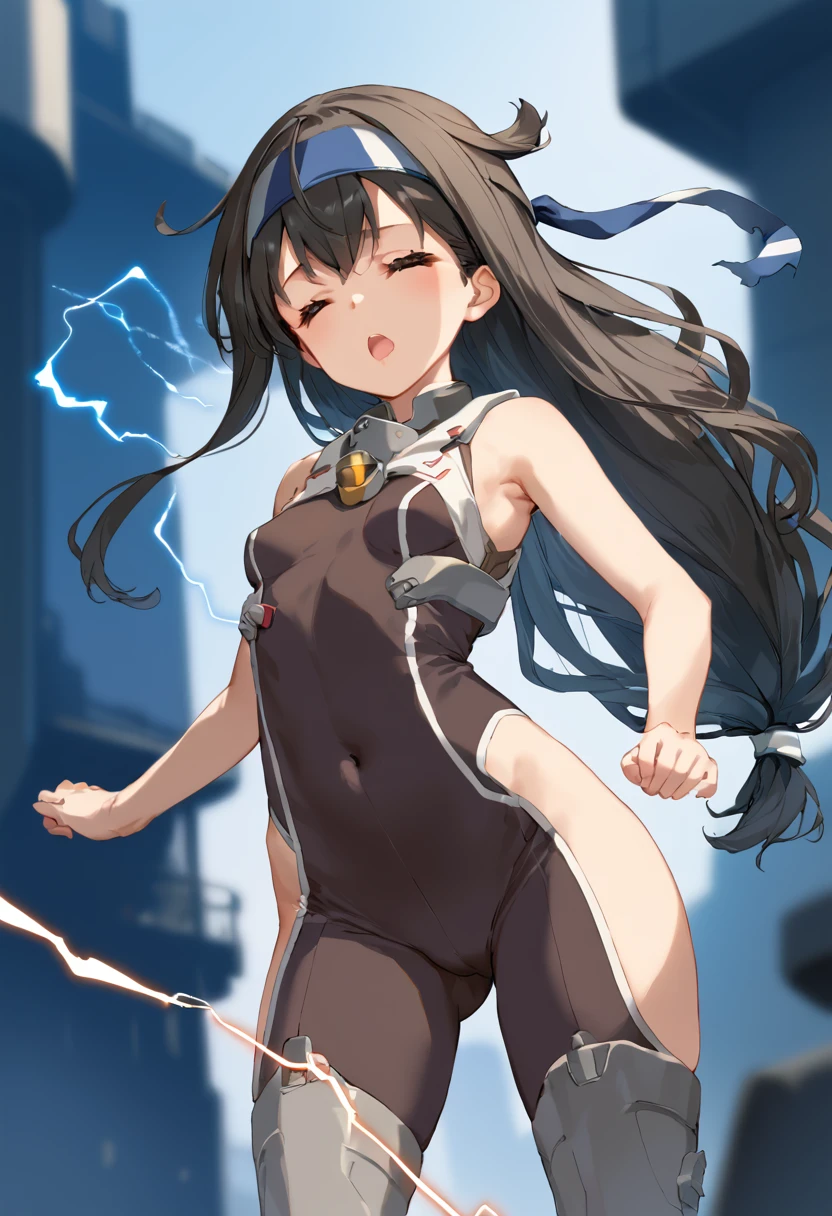 score_9, score_8_up, score_7_up, source_アニメ, Idealized Forms, Natural Light, details background, blurry background, extremely detailed,cartoons girl are standing wearing a futuristic outfit, 1girl,breasts,ass visible through thighs,bodysuit,covered navel,(But),hatsushimo(kancolle),brown eyes,(left(white)right(blue))headband,(black)long hair,(low-tied)hair,(black)hair,small breasts,(petite),closed eyes,open mouth,Electric current runs,Electricity Blame,Electric shock