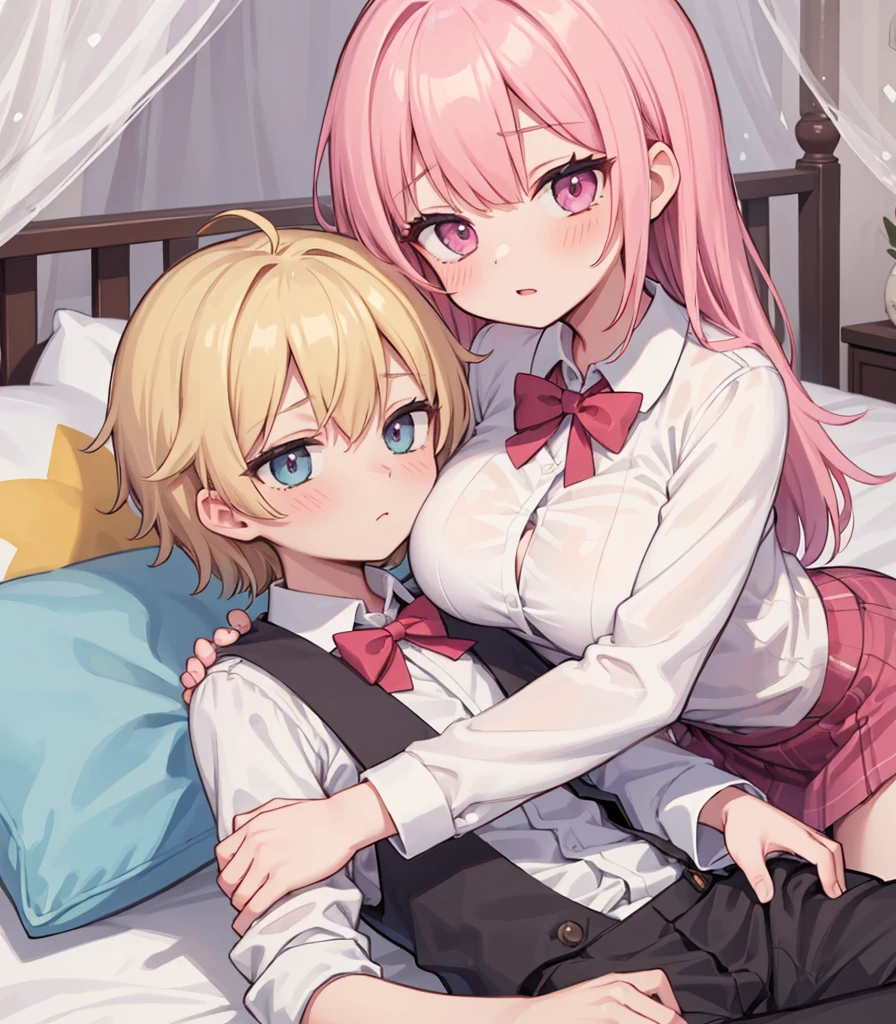 masterpiece, Highest quality, so beautiful, absurdists,High resolution,One girl, One boy,Cuddling in bed, like,sexly,Look at each one, blush,Age difference,bow tie,blondes,chest,Long Hair,Pink Hair,Tucked in shirt,short hair,skirt,Tent shirt,Slut,Big breasted sister and brother,Siblings, trousers,Pushing her big tits against her brother,(My brother's erect penis),((((姉のvery huge breasts,Sister crushes her big tits in her brother's face)))),(((((Very huge breasts))))),(((((small penis,NSFW,Soft Very HUGE breasts))))),((Bursting Breasts,Huge breasts hiding her brother's face)),((((((((Huge Breasts, Large Breasts, Very Large Breasts, Very Large Breasts, Very Large Breasts, Very Large Breasts, Very Large Breasts, Very Large Breasts, Very Large Breasts, Very Large Breasts, Very Large Breasts, Very Large Breasts, Burying Face in Breasts)))))))),Two people gazing at each other,puffy breasts,((Face crushed by tits, huge breasts on brother's body, mouth covered by tits, breasts covering face)),((huge breasts)),soft massive breasts