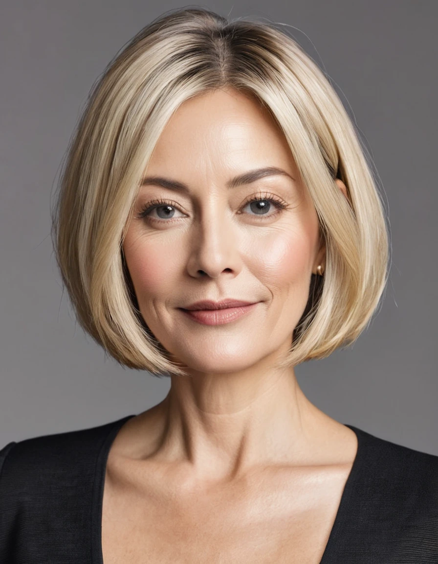 photo of a playful cute skinny slutty blonde horny mature submissive wife with big bulging beautiful eyes, very short hair, She wears: (turtleneck high ribbed tight dark brown sweater:1.1), submissive seductive pose, high tight ribbed neck, seductive smile, perfect fake tits, turtleneck top