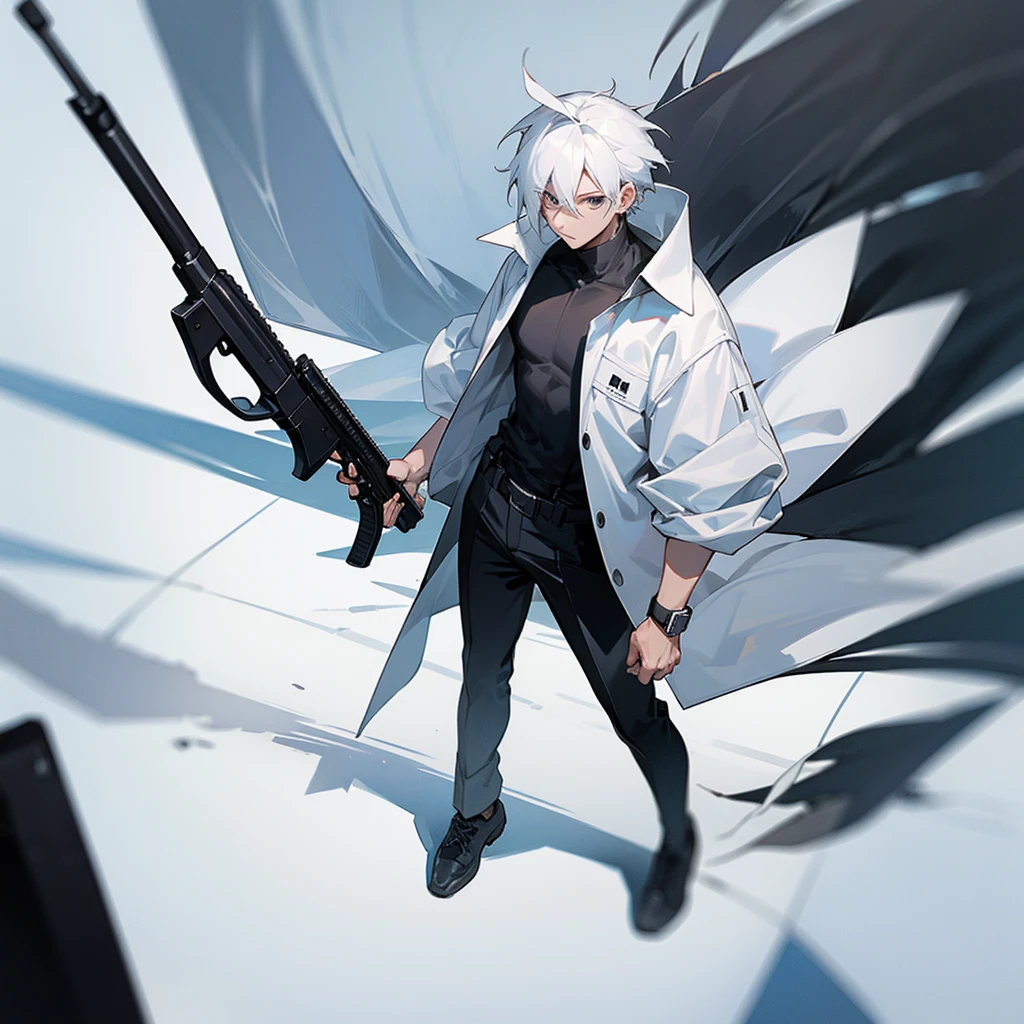 Picture of a male character, white hair, white jacket, black pants, gray shoes, and carrying a shotgun. Hadap kamera depan