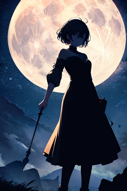 Highest quality,Big moon and shadow,A silhouette of a person can be seen against the backdrop of a large moon.,There is one full moon,There is a mood,Beautiful scenery,Starry Sky