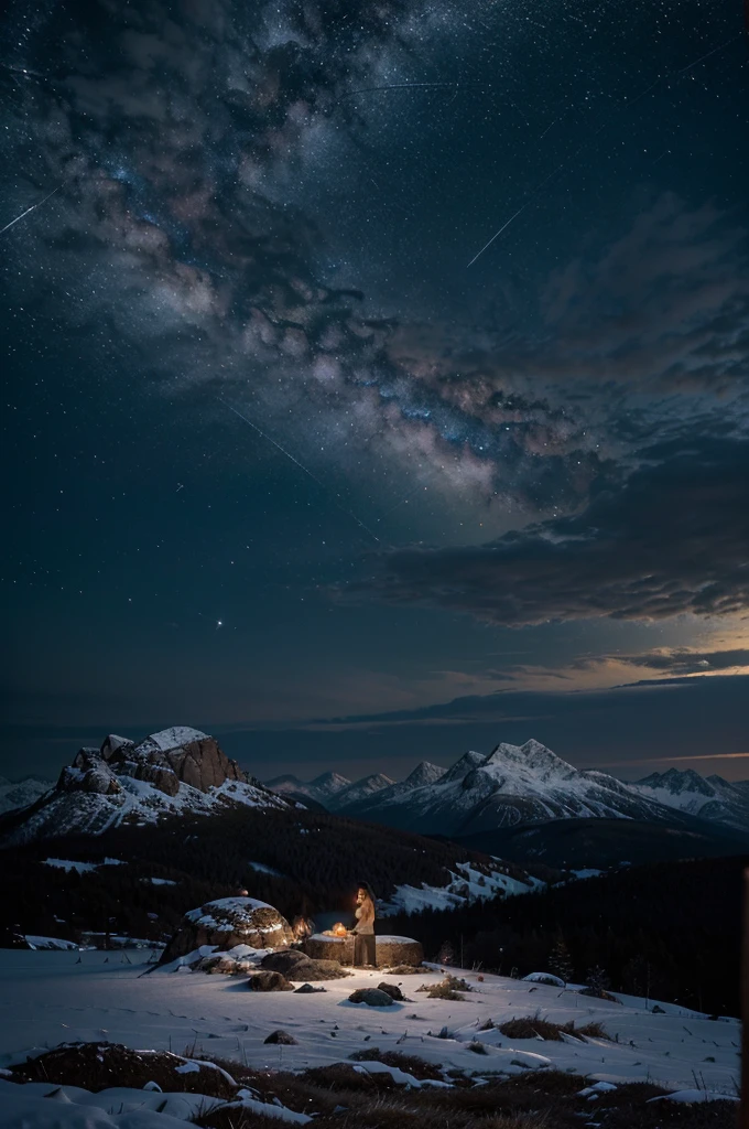 Certainly! Here's a more detailed and realistic version of your description:
"Capture a photograph of a young couple standing atop a majestic mountain, their hands delicately intertwined against the backdrop of a sprawling night sky. It's a crisp winter evening, and a faint drizzle adds a serene charm to the scene. The couple, clad in cozy winter attire, stands on a patch of snow-dusted ground, surrounded by scattered rocks and clusters of hardy alpine flora peeking through the white blanket.
In the background, the rugged silhouette of distant peaks stretches into the horizon, bathed in the soft glow of a tranquil, moonlit night. The sky above is a canvas of deep blue, adorned with countless twinkling stars that shimmer like scattered diamonds. A crescent moon hangs low, casting a gentle silver light over the landscape. Wispy clouds drift lazily across the sky, their faint outlines catching hints of starlight.
Amidst this celestial display, faint tendrils of the Milky Way galaxy can be discerned, weaving a subtle tapestry of cosmic wonder above the earthly scene. The mountains, once cloaked in darkness, now reveal their hidden allure as ethereal beams of light seem to emanate from their craggy slopes. These mystical rays reach upwards, intertwining like ephemeral tendrils, their luminescence touching the heavens in a dance of natural magic.
The atmosphere is filled with a sense of quiet reverence, interrupted only by the soft patter of raindrops and the occasional whisper of wind brushing against the rugged terrain. The air is crisp and cool, carrying with it the faint scent of pine and earth. Despite the late hour, the landscape feels alive with unseen energies, as if the very essence of nature itself is awakened under the silent gaze of the stars.
Nestled amidst the rocky outcrops and patches of snow, an abundance of wild roses and other resilient flowers add splashes of color to the otherwise monochromatic palette of winter. Their petals, kissed by frost, re