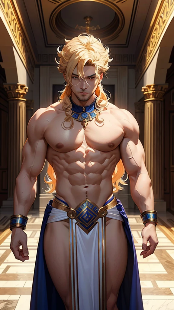 Zeus made,a Greek man god with white hair and beard,Cao Cao,stark,with muscles so thick and enormous that they are about to leave the body,virile and very masculine wearing ancient Greek costumes and leaving his chest and abdomen exposed,he will be hugging the goddess Hera very tightly and kissing with great lust,a Greek woman goddess with orange blonde curly hair,beautiful face and body,wearing sensual Greco-Roman costumes that would leave your body semi-nude,she would also use a blue cape that Zeus would be subtly removing,the scene would take place on Mount Olympus, a place with Greco-Roman architecture